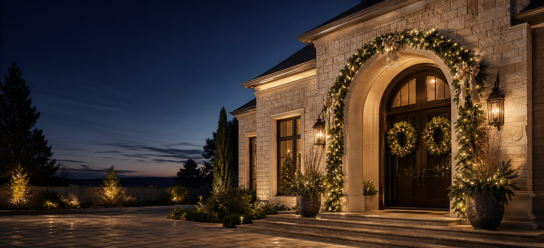 Estate home with elegant Christmas greenery and lighting