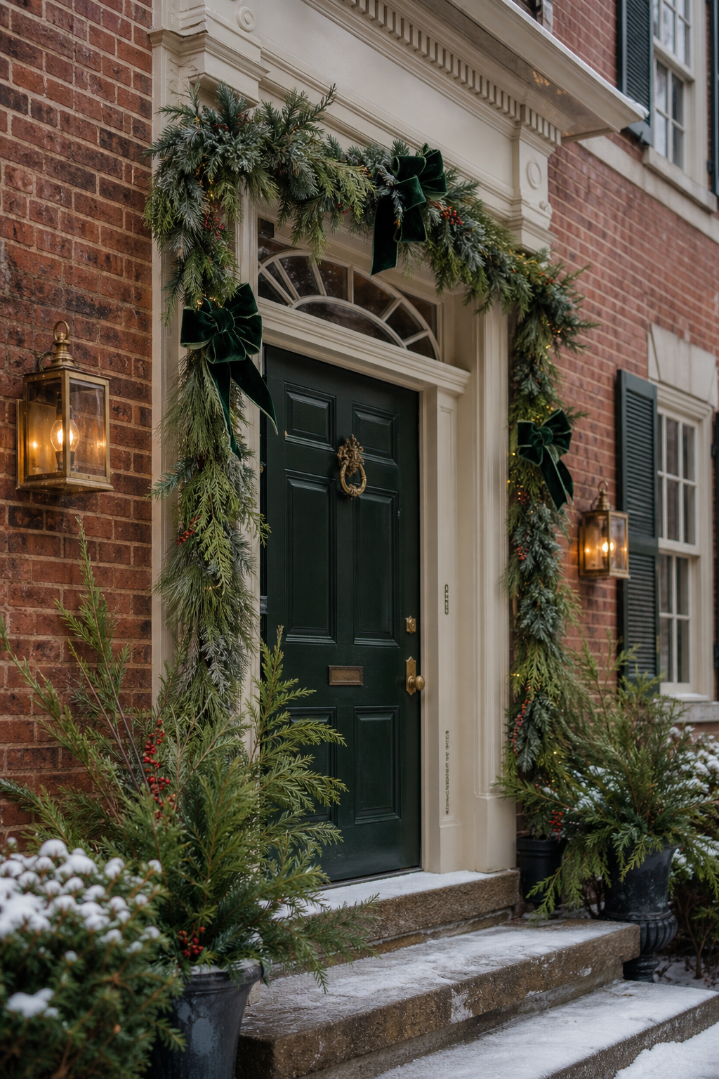 Colonial front door dressed for Christmas