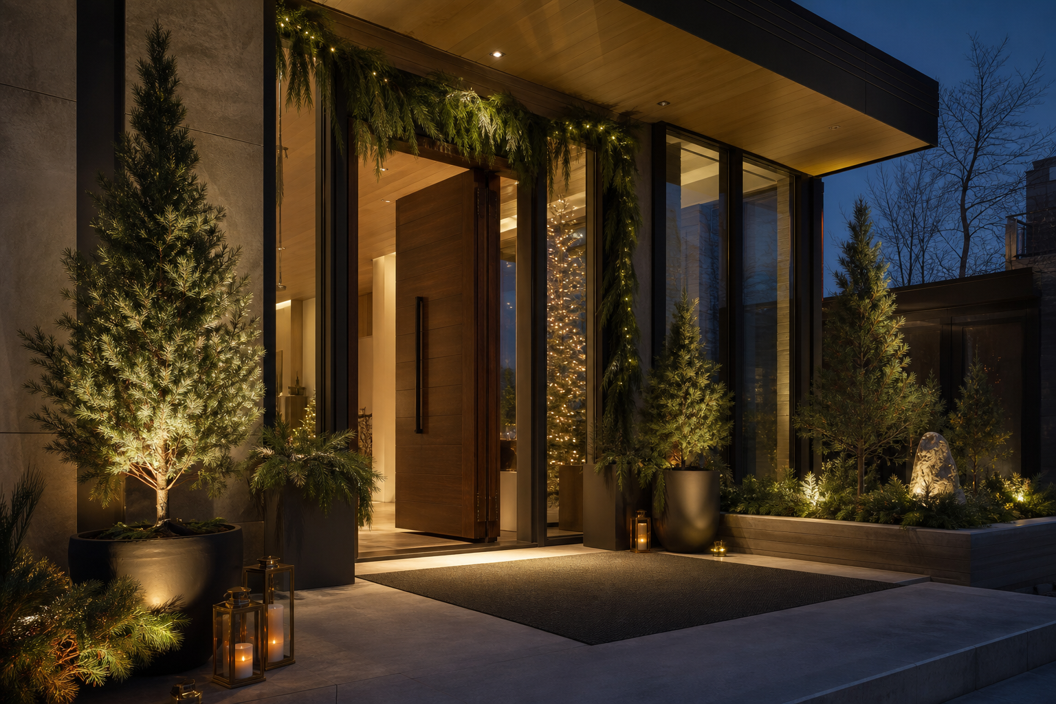 Modern home entrance with understated Christmas styling