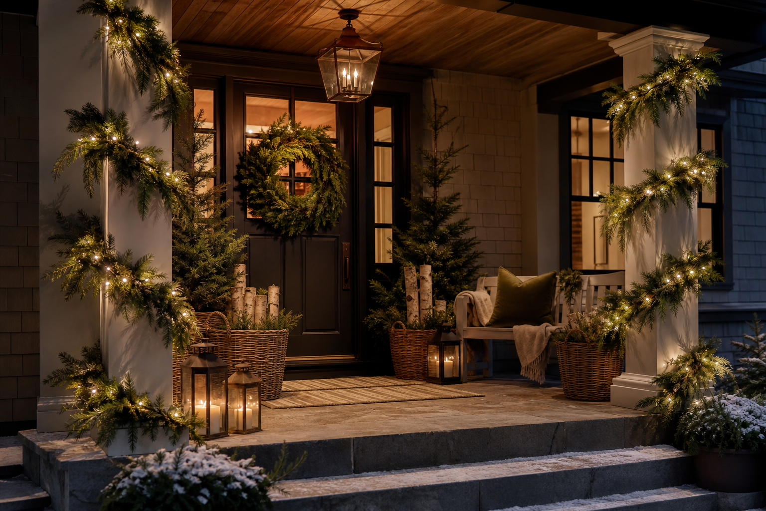 Christmas porch glowing at night