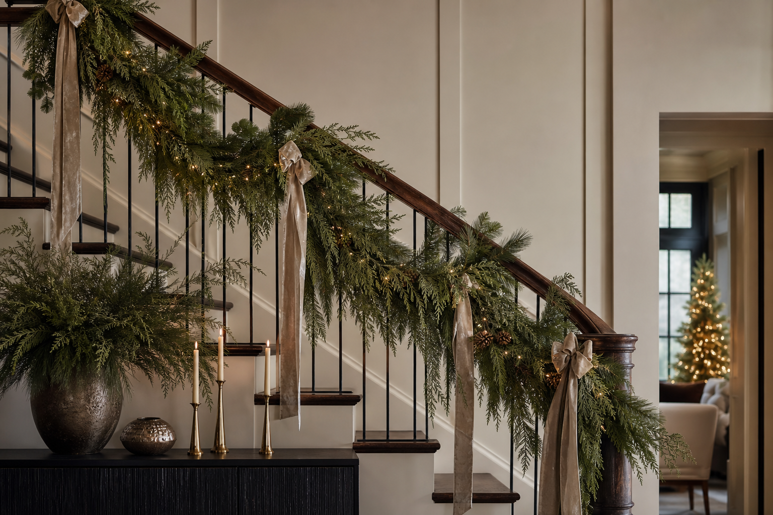Interior staircase finished with Christmas garland