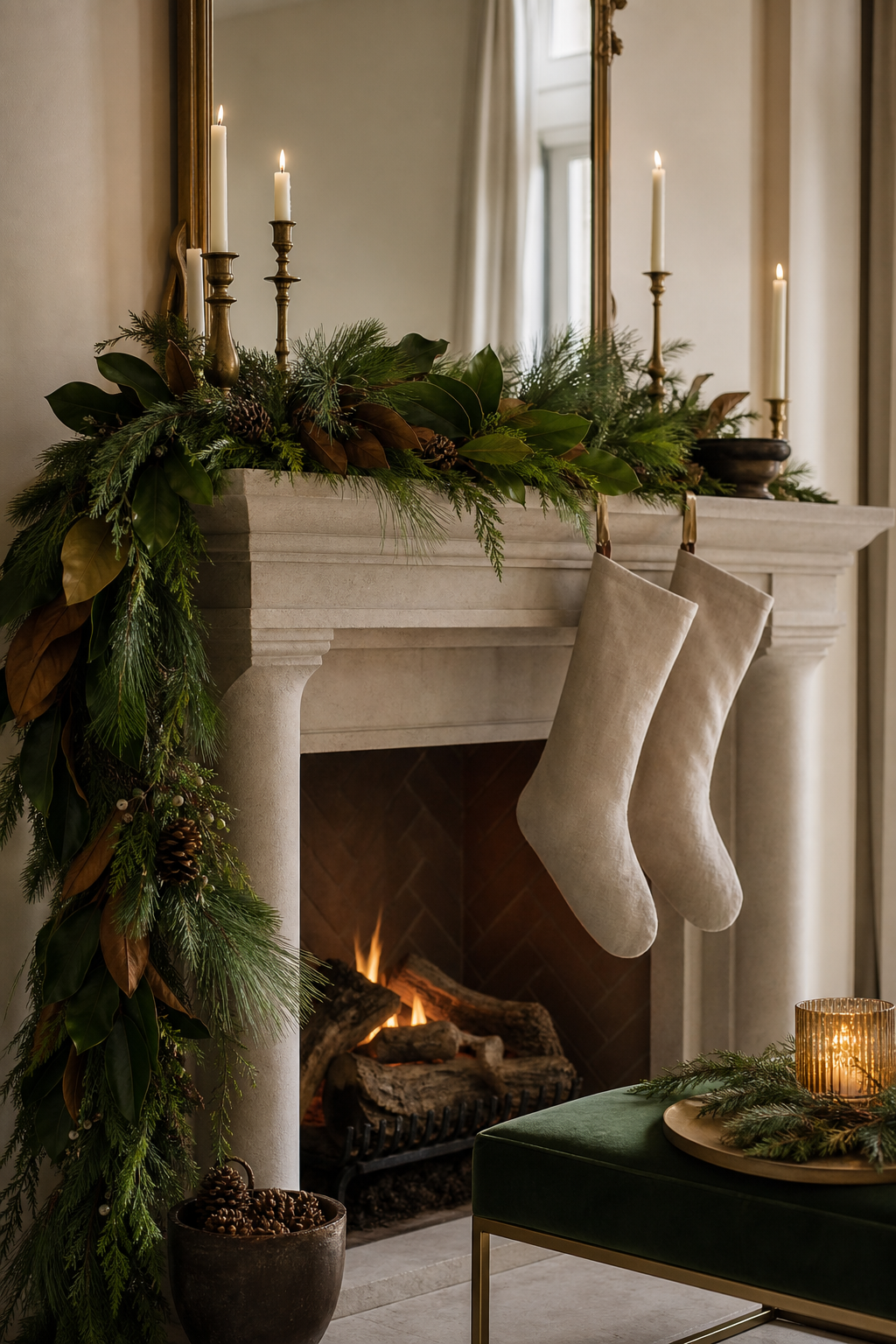 Christmas mantel with layered evergreen styling