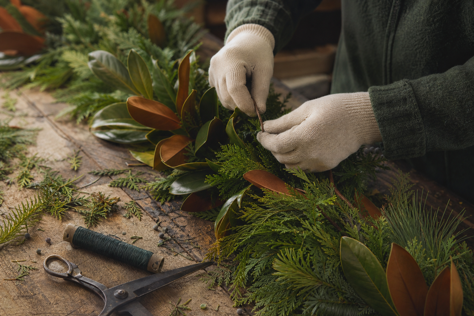 Hands finishing a custom evergreen garland