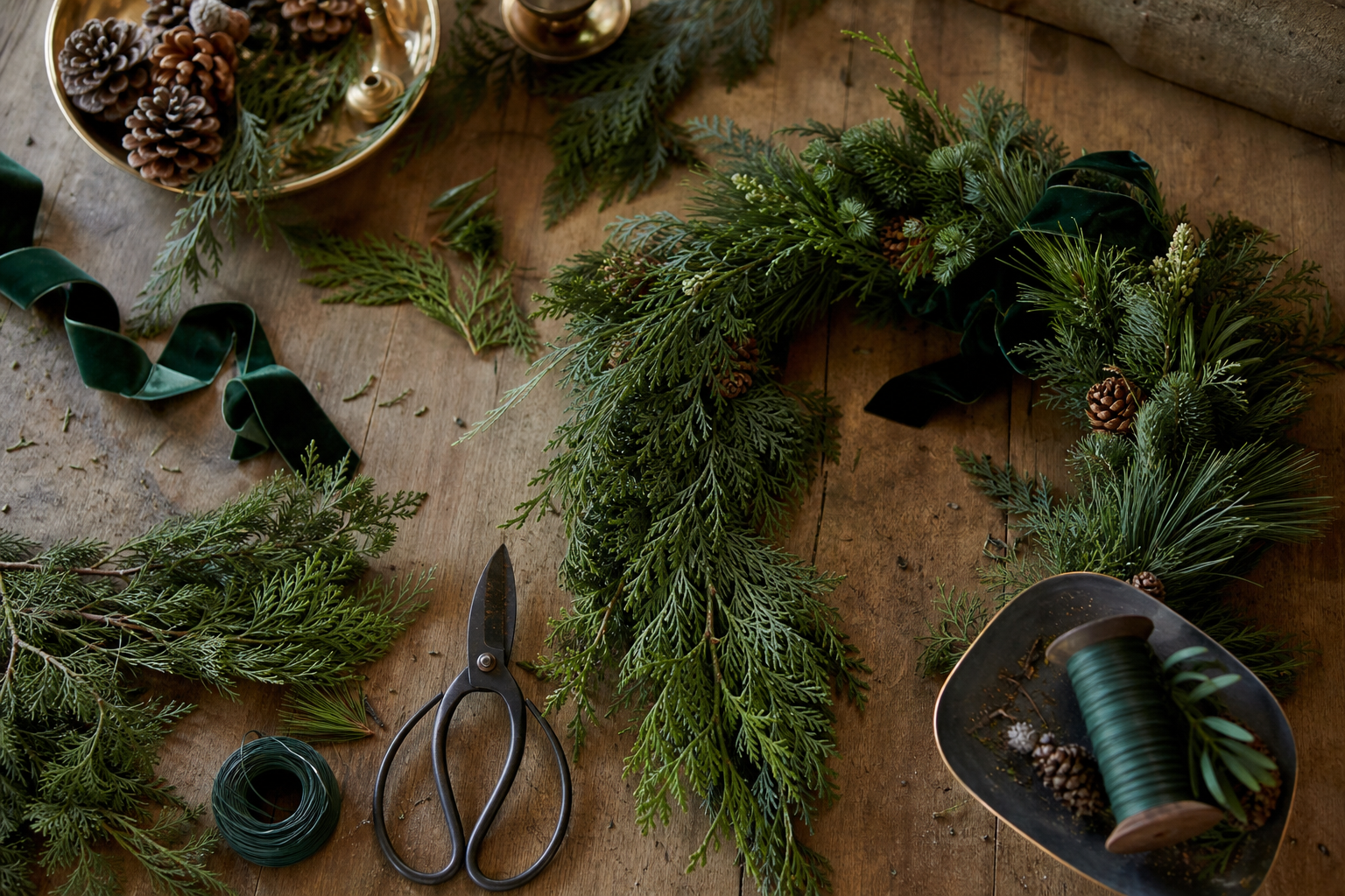Seasonal wreath materials arranged at the Pumpkin and Pine worktable