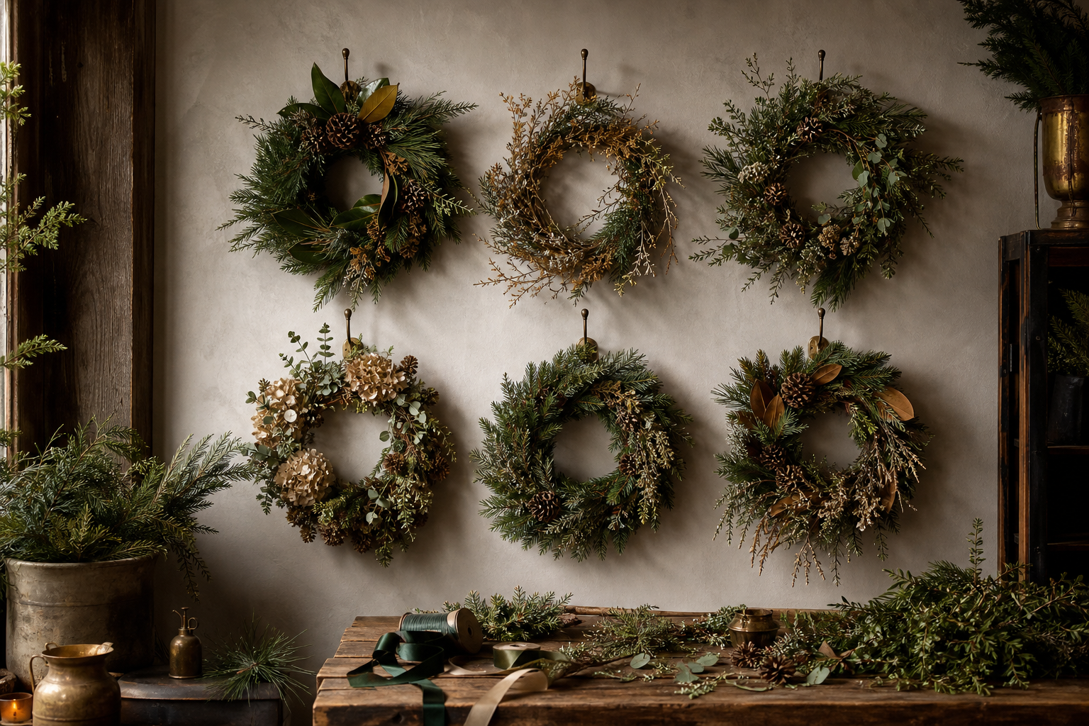 Finished wreaths displayed in the seasonal workshop