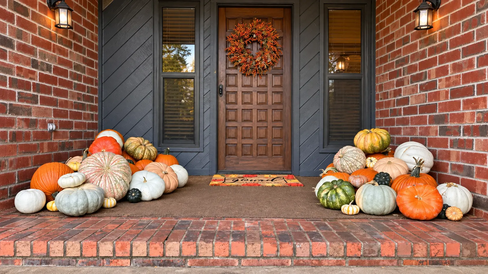 Pumpkin & Pine Hearth Collection with layered pumpkins on a brick porch